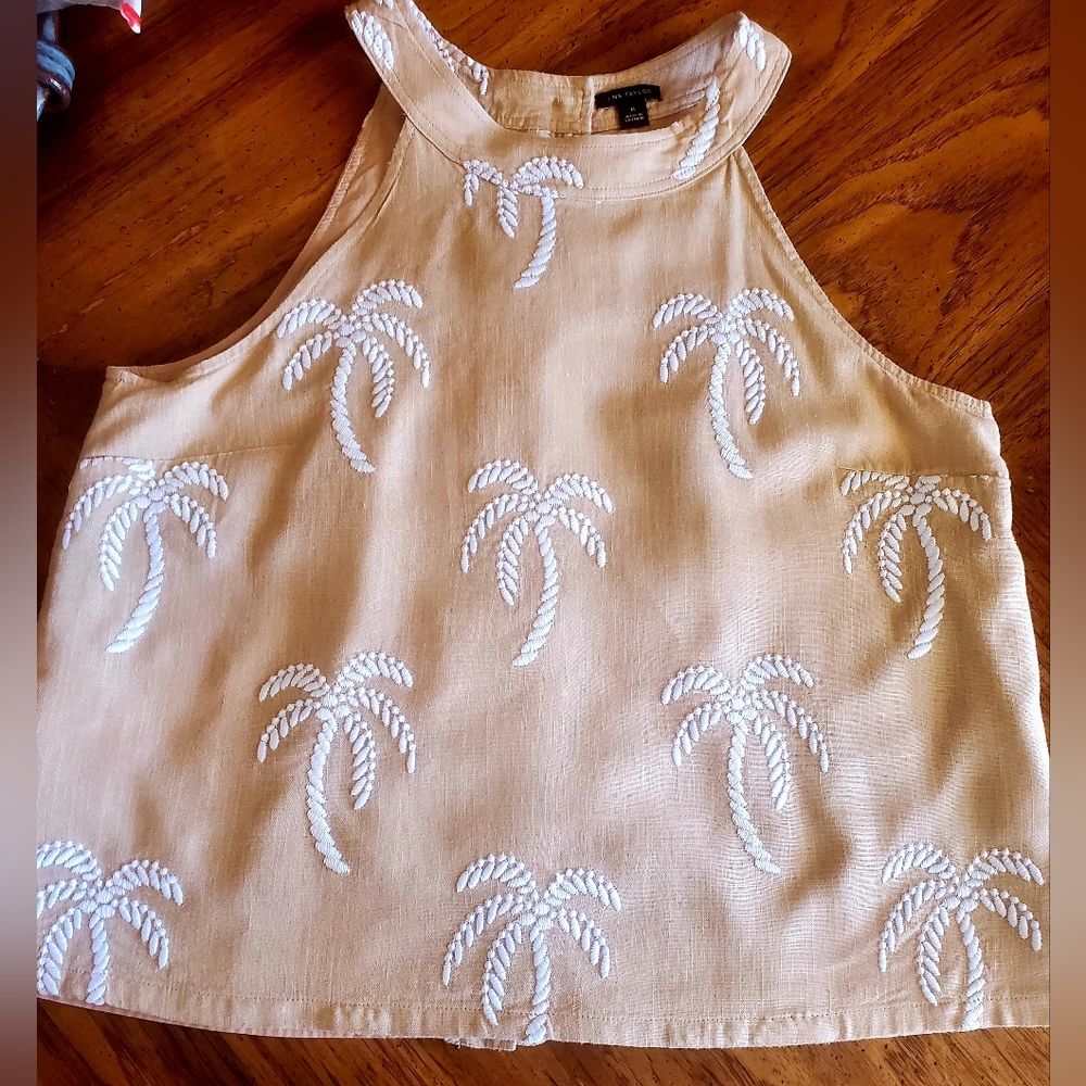 Ann Taylor Beige Palm Embroidered Crop Top
